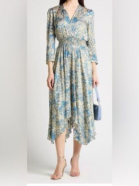 Floral Blue and Cream Smocked Waist Midi Dress